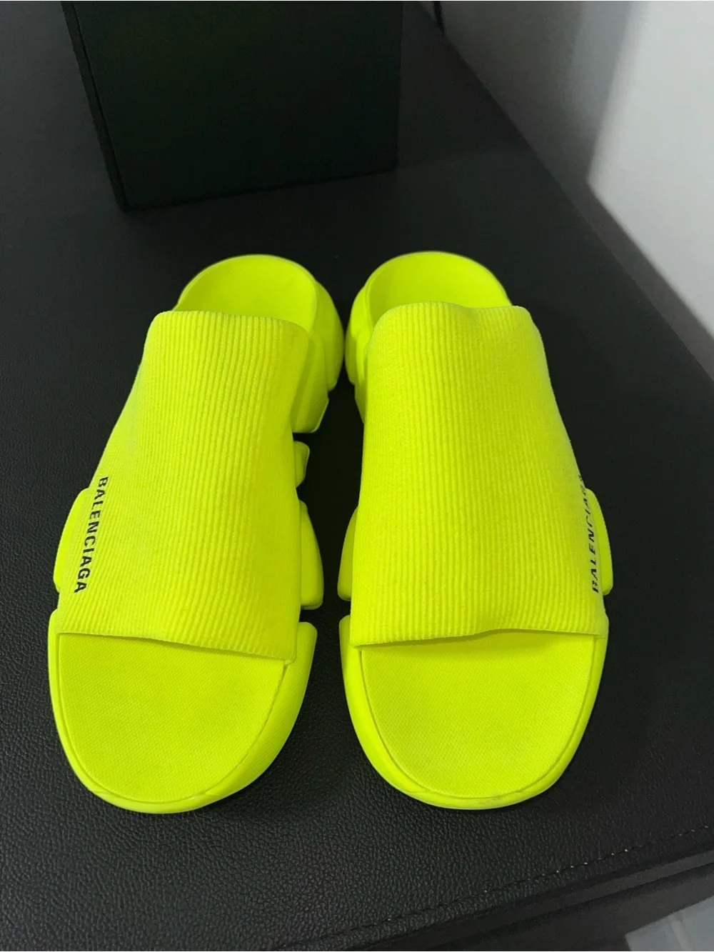 Balenciaga Men’s Neon Lime Slide Sandals